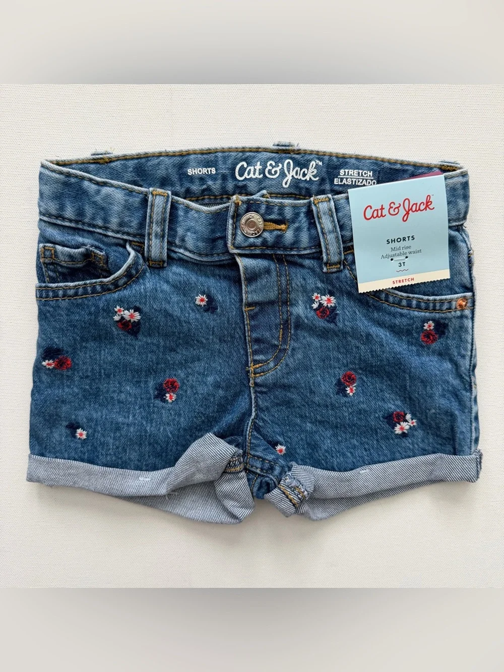 Cat & Jack Denim Shorts with Red White Blue Floral Embroidery Size 3T